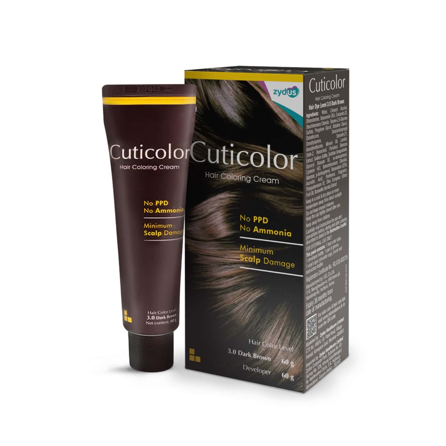 Cuticolor Permanent Hair Color Cream Dark Brown | Ammonia & Ppd Free | For Sensitive Skin | 60 Gm