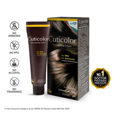 Cuticolor Permanent Hair Color Cream Dark Brown | Ammonia & Ppd Free | For Sensitive Skin | 60 Gm