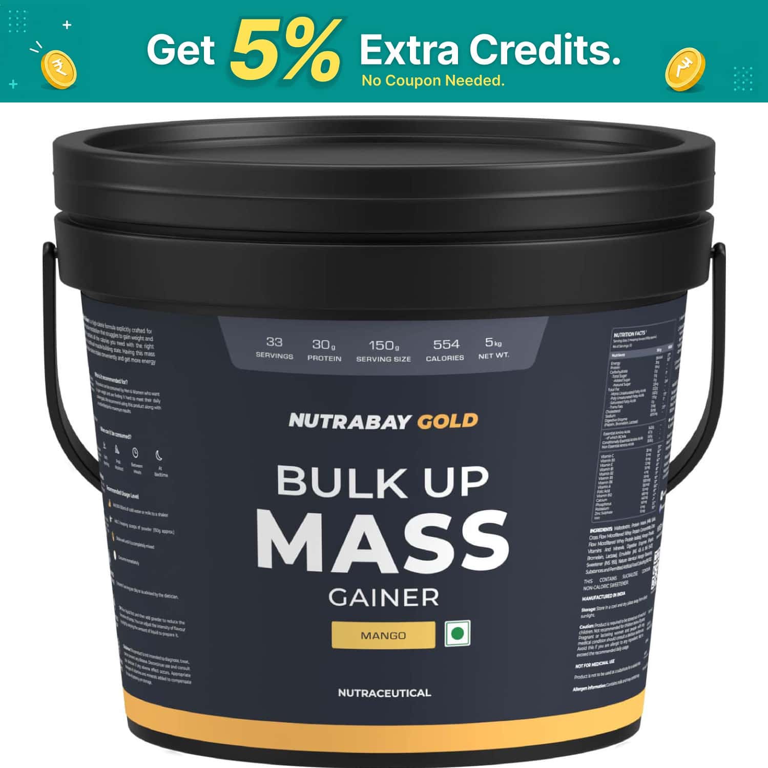 Nutrabay Gold Bulk Up Mass Gainer | Carbs To Protein Blend (3:1) | 30g Protein - 5kg | Mango
