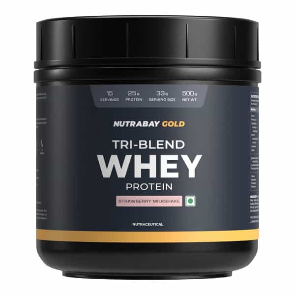 Nutrabay Gold Tri-Blend Whey Protein Strawberry Milkshake - 500G