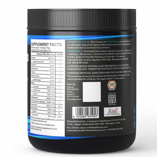 Inlife Bcaa Powder Supplement With Glutamine | Citrulline Dl Malate | Men & Women (Pineapple) - 250G