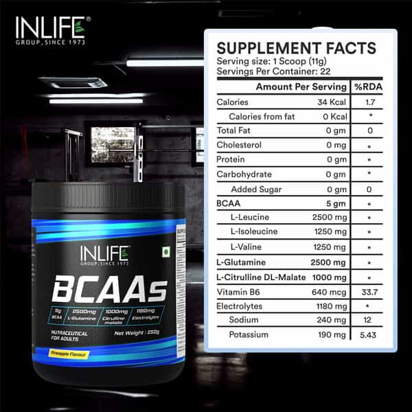 Inlife Bcaa Powder Supplement With Glutamine | Citrulline Dl Malate | Men & Women (Pineapple) - 250G