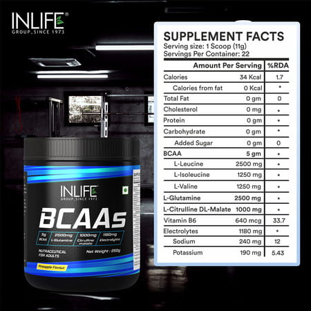 Inlife Bcaa Supplement 7g Amino Acids Instantized For Pre Post&Intra Drink Workout(Pineapple 250g)