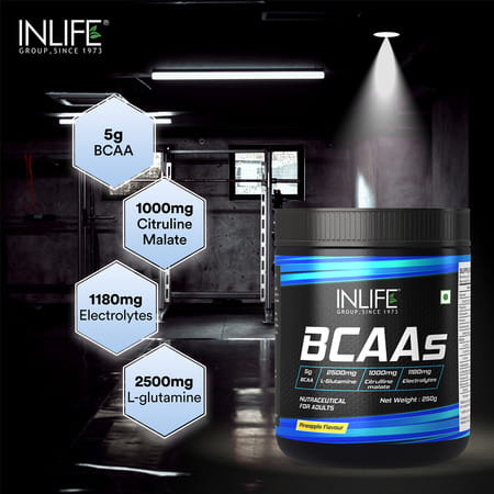 Inlife Bcaa Supplement 7g Amino Acids Instantized For Pre Post&Intra Drink Workout(Pineapple 250g)
