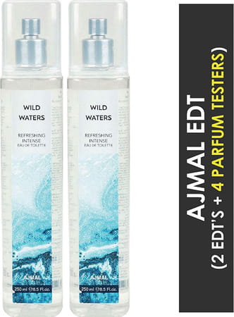 Ajmal Wild Waters Edt Combo Pack Of 2 Each 250ml (Total 500ml) For Men & Women + 4 Parfum Testers
