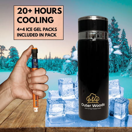 Outer Woods Insulin Cooler Bottle Case With 8 Mini Ice Gel Packs | 20+ Hrs Cooling | Medium - Black