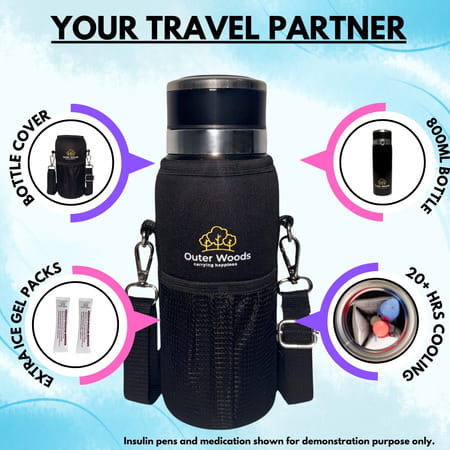 Outer Woods Insulin Cooler Bottle Case With 8 Mini Ice Gel Packs | 20+ Hrs Cooling | Medium - Black