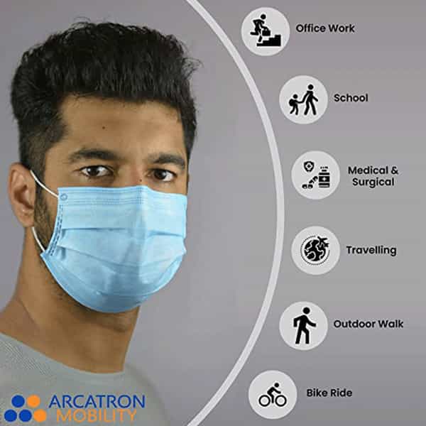 Arcatron Mobility 3 Ply Disposable Surgical Super Breathable Face Mask With Nose Clip (Blue, 200Pcs)