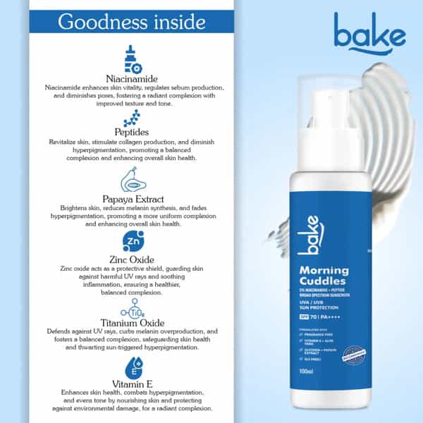 Bake 5% Niacinamide Sunscreen Spf 70 Pa++++ For Tan | Dull Skin & Uv Protection (100G)
