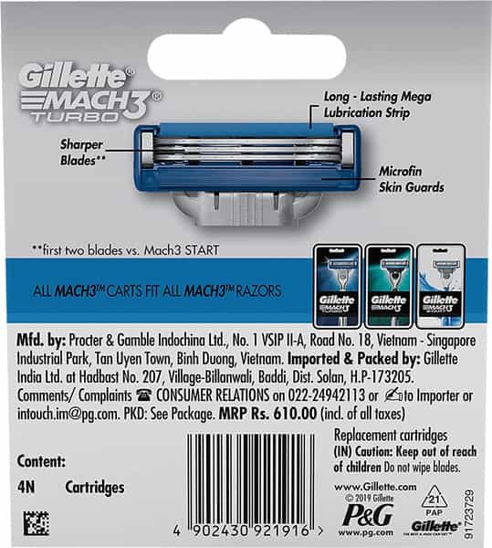 Gillette Mach 3 Turbo Manual Shaving Razor Blades (Cartridge) Pack 4