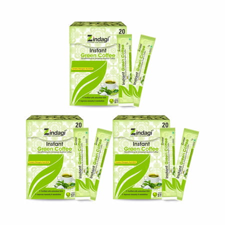 Zindagi Instant Green Coffee Powder|Natural Extract Of Coffee Beans |20 Sachets|Pack Of 3