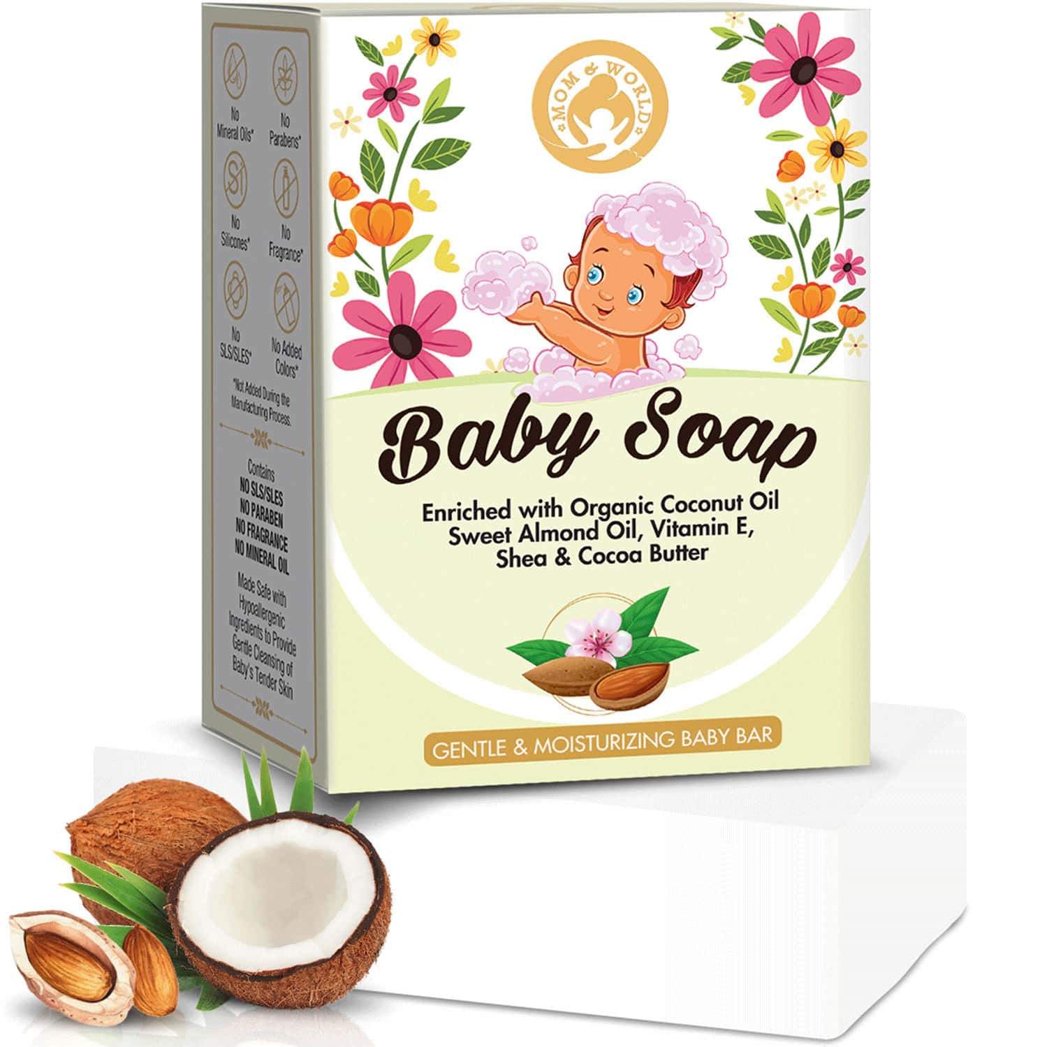 Mom & World Natural Baby Soap Enriched With Organic Coconutoil | Sweet Almondoil | Vitamine-125g