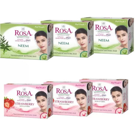 Rosa Transparent Neem & Strawberry Gel Soap I Best Glycerin Gel Bathing Bar (6 X 100 G)