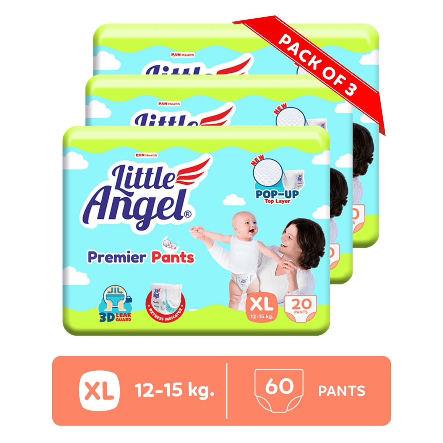 Little Angel Premier Pants Baby Diapers (Xl) Size 60 Count Pack Of 3 20 Count/Pack 12-15 Kg