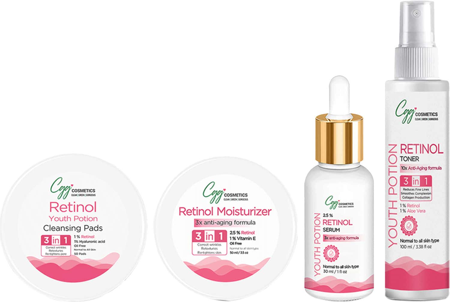 Cgg Cosmetics Ratinol Serum 30ml | Moisturizer 50ml | Toner 100ml | Pads 50pads Combo Packs