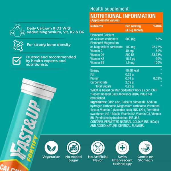 Fast&Up Fortify Calcium With Vitamin D3 Supplement-500Mg Effervescent Tablets-Lime&Lemon(30 Tabs)