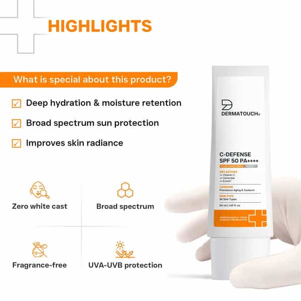 Dermatouch C-Defense Spf 50 Pa++++ Fluid Sunscreen | All Skin Types | 50Ml