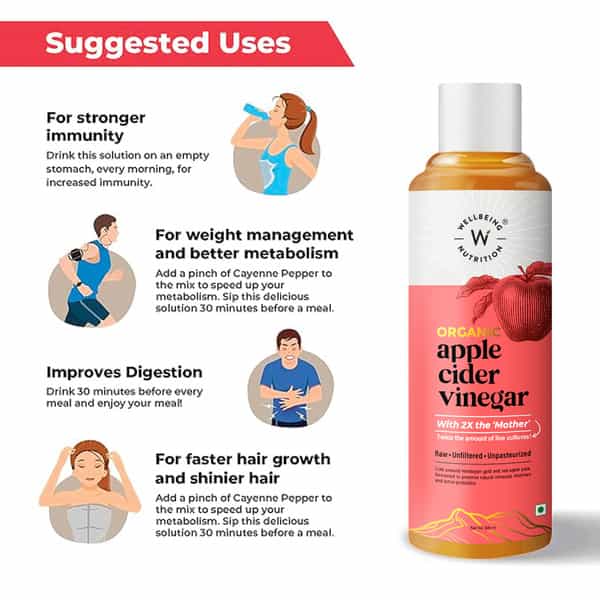 Wellbeing Nutrition Organic Applecider Vinegar 2X Mother For Weight Loss & Blood Sugar Control 500Ml