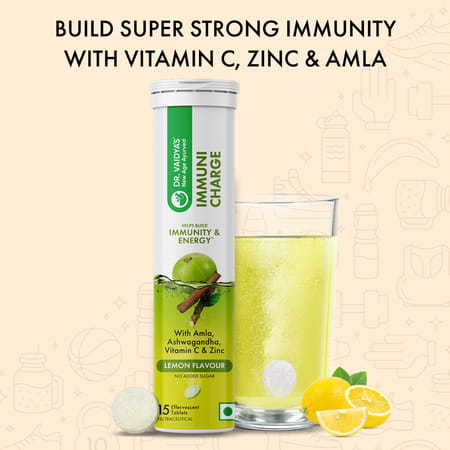 Dr. Vaidya'S Immuni Charge, Natural Immunity Booster | Vitamin C, Amla & Zinc | Lemon (4x15 Tablets)