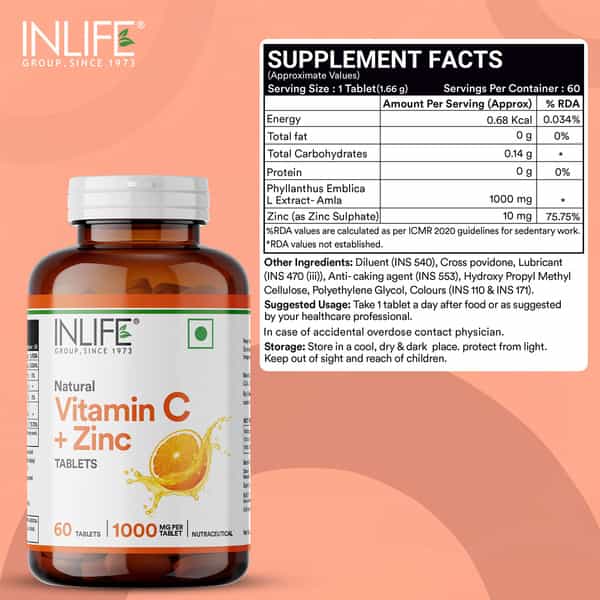 Inlife Natural Vitamin C Amla Extract With Zinc For Immunity & Skin Care - 60 Veg Tablets