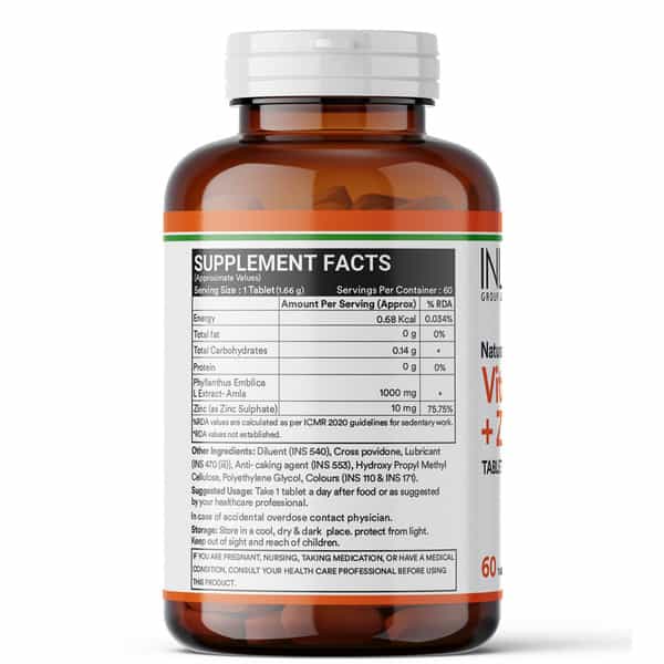 Inlife Natural Vitamin C Amla Extract With Zinc For Immunity & Skin Care - 60 Veg Tablets