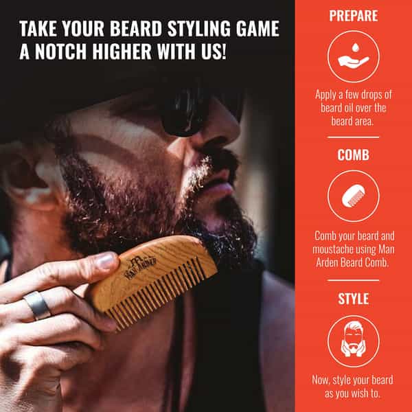 Man Arden Pure Neem Wooden Pocket Size Beard Comb With Premium Faux Leather Pouch