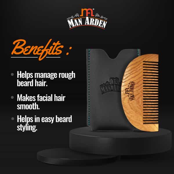 Man Arden Pure Neem Wooden Pocket Size Beard Comb With Premium Faux Leather Pouch