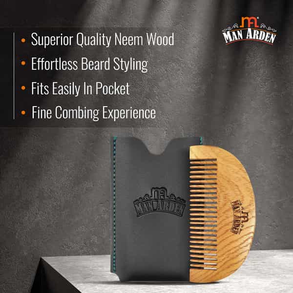 Man Arden Pure Neem Wooden Pocket Size Beard Comb With Premium Faux Leather Pouch