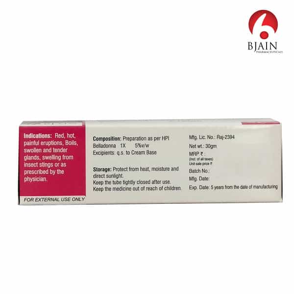 Bjain Belladona Cream For Skin Redness . Inflammation & Irritation Relief - 30Gm