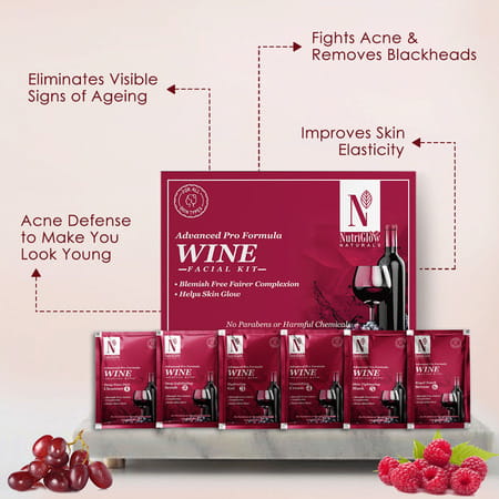 Nutriglow Natural'S Set Of 3 Wine Facial Kit (60gm) Bleach (43gm) & Radiance Booster Foam (65ml)
