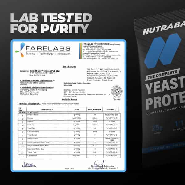 Nutrabay Yeast Protein Powder Rich Chocolate Creme 25G Protein & 6.7G Bcaa Per Scoop Sachet 40 Gm