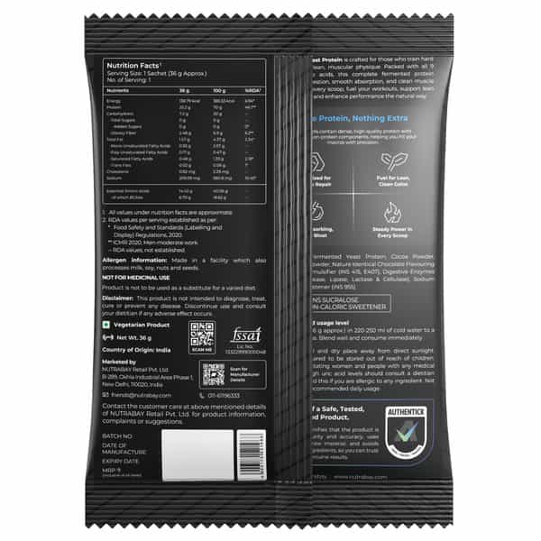Nutrabay Yeast Protein Powder Rich Chocolate Creme 25G Protein & 6.7G Bcaa Per Scoop Sachet 40 Gm