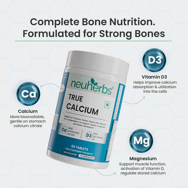 Neuherbs True Calcium Supplement For Men & Women With Vitamin D3 | Magnesium | Bone Health - 60 Tabs