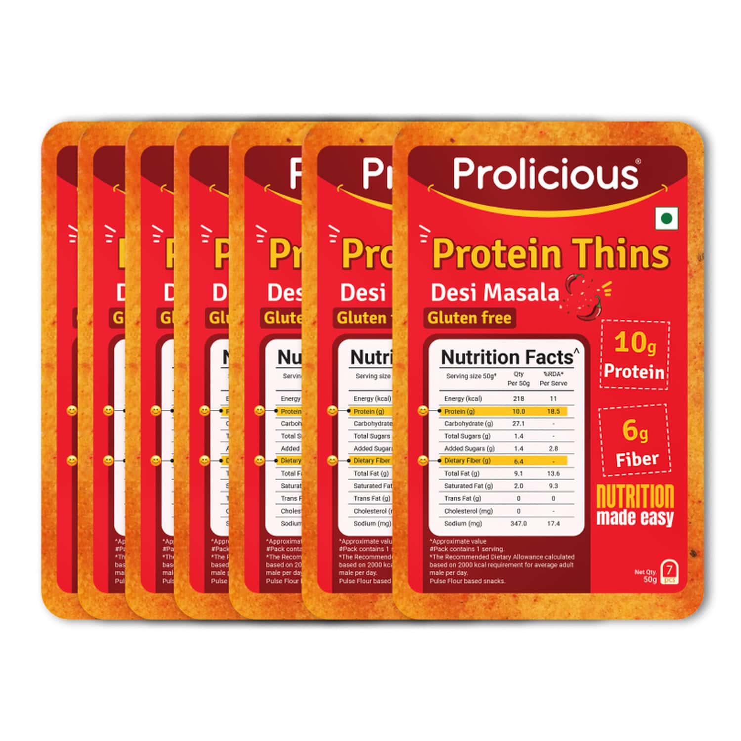 Prolicious High Protein & High Fiber Desi Masala Thins | Gluten Free | No Maida | Jain | 7x50g
