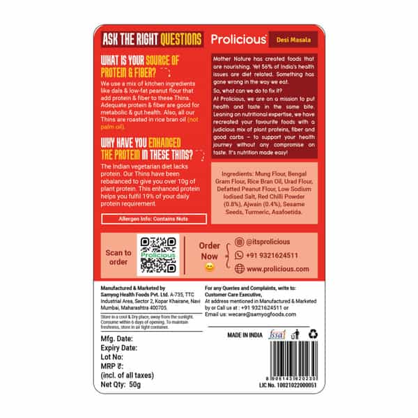 Prolicious High Protein & High Fiber Desi Masala Thins | Gluten Free | No Maida | Jain | 7X50g