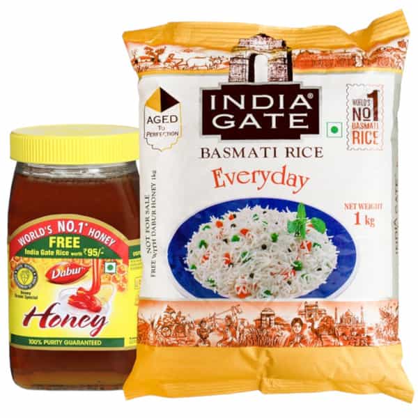Dabur Honey Bottle Of 1Kg With Free Worth 95 Rupees India Gate Basmati Everyday Rice Of 1Kg Packet