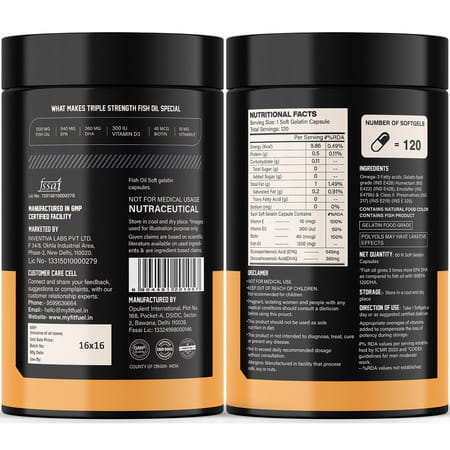Myfitfuel Triple Strength Omega 3 Fish Oil +Vitamins, 1200Mg (540 Epa 360 Dha) 3X Omega 120 Softgels