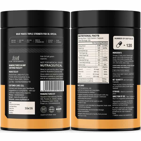 Myfitfuel Triple Strength Omega 3 Fish Oil +Vitamins, 1200Mg (540 Epa 360 Dha) 3X Omega 120 Softgels