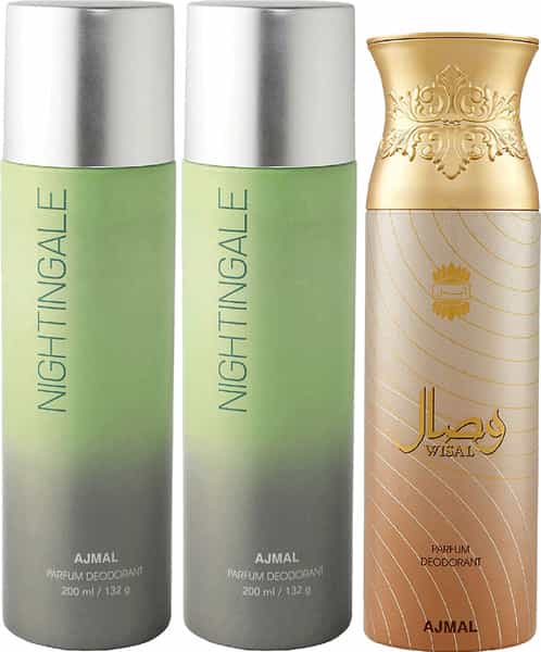 Ajmal 2 Nightingale For Men & Women & 1 Wisal For Women Deodorants Each 200Ml Combo Pack Of 3