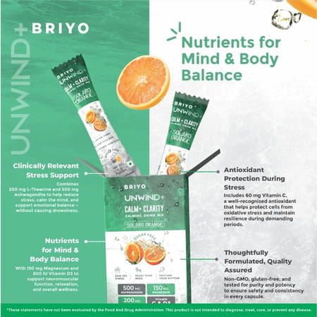 Briyo Unwind+ Relaxation & Stress Relief Drink Mix 5g | Natural Orange - 10n