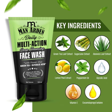 Man Arden Daily Multi-Action Deep Cleansing Face Wash With Power Duo Green Tea+Glycolic Acid 100 Ml