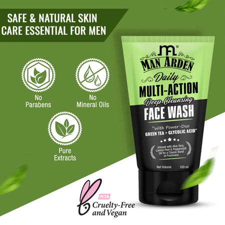 Man Arden Daily Multi-Action Deep Cleansing Face Wash With Power Duo Green Tea+Glycolic Acid 100 Ml
