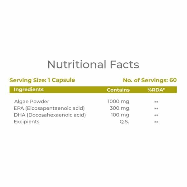 Hohner Omega 3 Veg Epa Dha Rich Sourced From Green Algae 1000Mg For Brain Heart Eye-60 Capsule