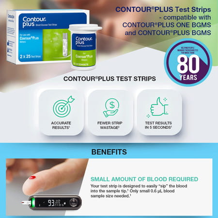 Contour Plus Glucometer Test Strips Box Of 50 With Free Sapphire 25 Lancets