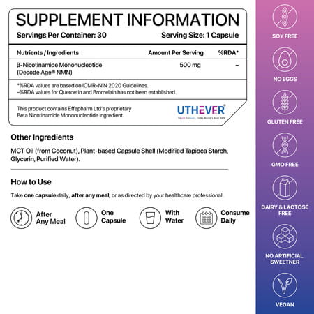 Decode Age Nmn Supplement | 99.9% Pure Beta Nmn | Nad+ Booster For Energy | 500mg | Veg - 60n