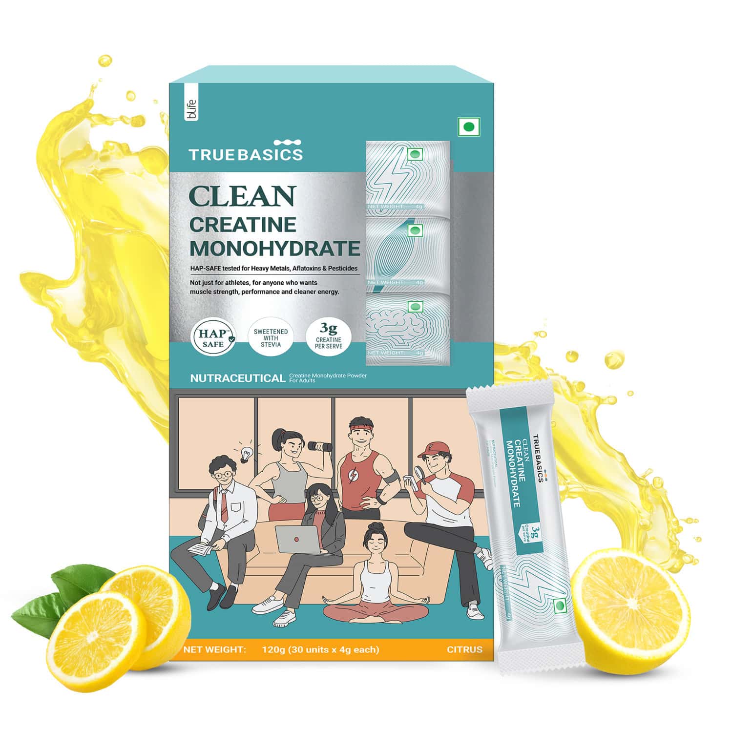 Truebasics Clean Creatine Monohydrate Powder | Citrus | 120g (30 Sachetsx4g Each) | 3g Creatine