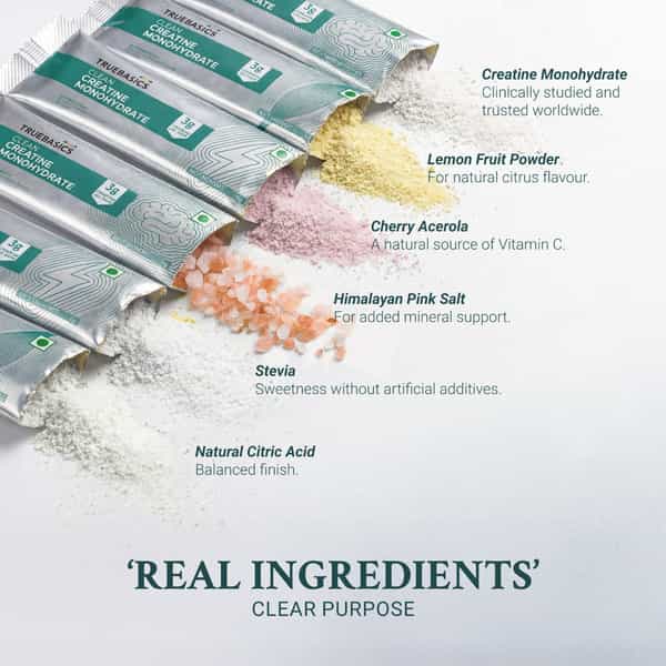 Truebasics Clean Creatine Monohydrate Powder | Citrus | 120G (30 Sachetsx4g Each) | 3G Creatine