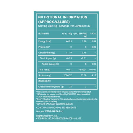 Truebasics Clean Creatine Monohydrate Powder | Citrus | 120G (30 Sachetsx4g Each) | 3G Creatine