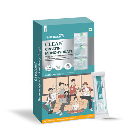 Truebasics Clean Creatine Monohydrate Powder | Citrus | 120G (30 Sachetsx4g Each) | 3G Creatine