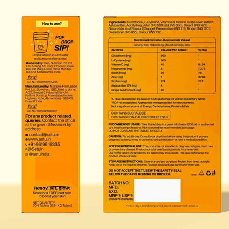 Setu Skin Renew Glutathione Tablets For Glowing Skin | 500mg L-Glutathione & Vitamin C | Berry | 3n